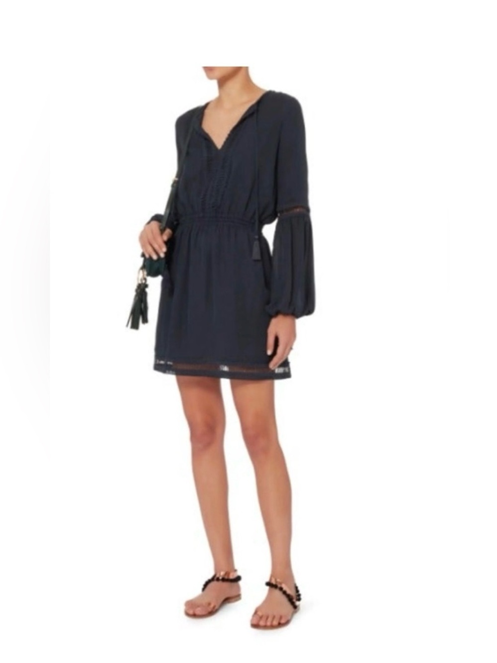 INTERMIX Navy Long-Sleeve Ladder Lace Boho Mini Dress, Size Medium